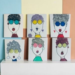 Mixed Media Portrait Wall Art Set in Blue, Yellow, Pink and Green.